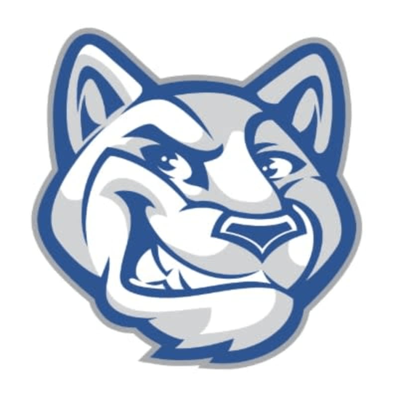 A stylized blue and white wolf's head with sharp teeth and determined eyes is centered against a plain white background.