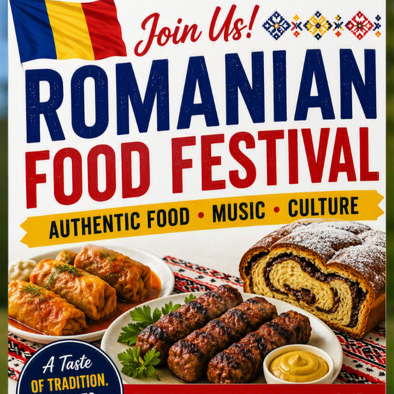 A Romanian flag flies above a "Romanian Food Festival" poster featuring stuffed cabbage rolls and grilled sausages in the foreground, with a sweet bread loaf and a blurred green background.