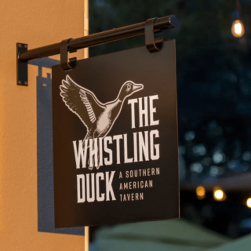 A black sign for "The Whistling Duck" tavern hangs from a metal bracket on a building, with blurred lights in the background.