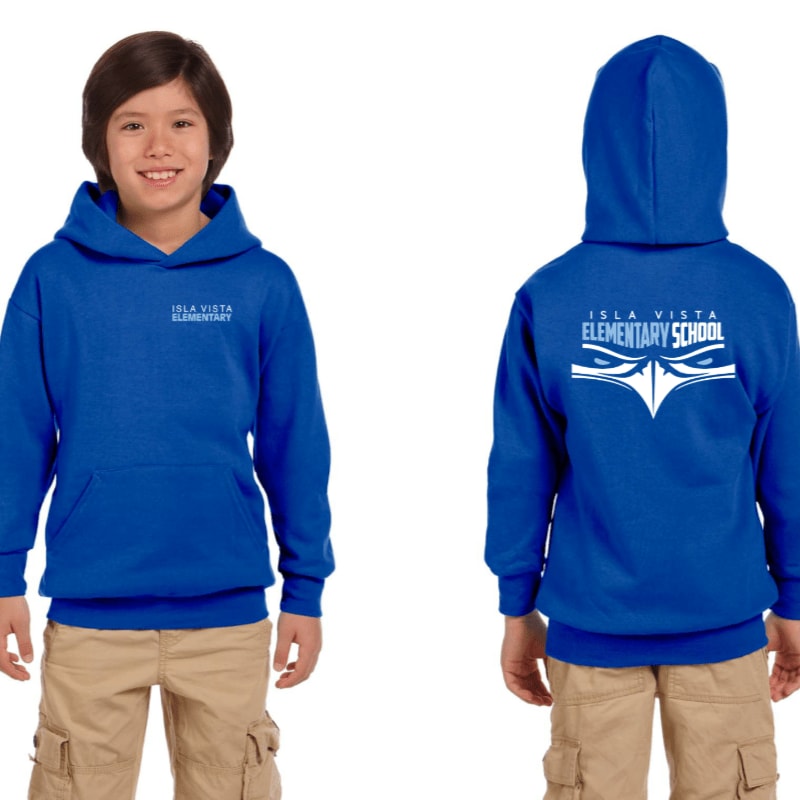 A young boy models a blue hooded sweatshirt with "Isla Vista Elementary School" printed on the front and a stylized eagle design on the back, set against a plain white background.