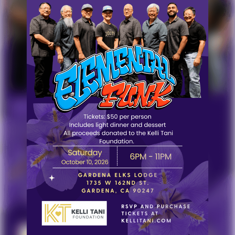 A band of seven men stands behind a large "ELEMENTAL FUNK" logo, with purple floral graphics and event details filling the background.
