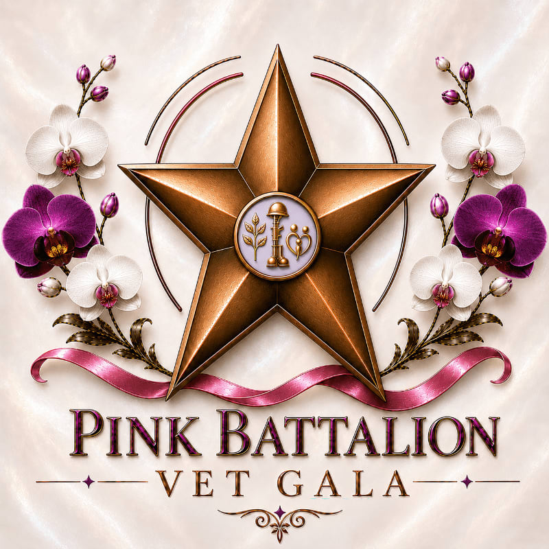 A bronze star award with floral accents and the text "PINK BATTALION VET GALA" is set against a textured, light-colored background.