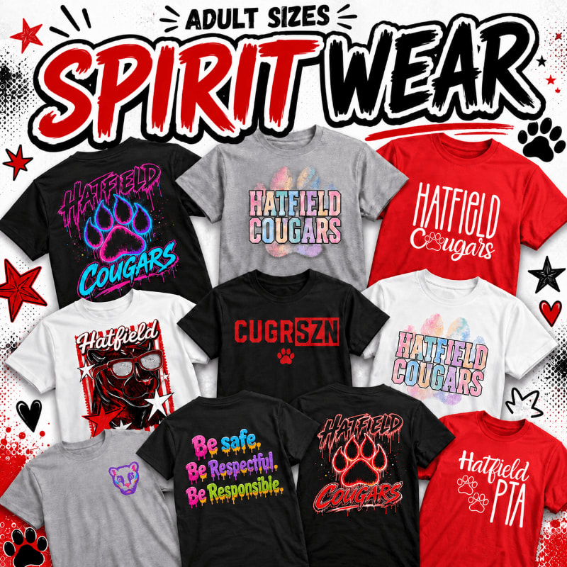 Several t-shirts with various designs and slogans are displayed against a black and red splattered background.