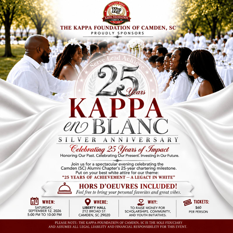 A formal gathering of people in white attire is shown with a large "Kappa en Blanc" logo in the center, set against a backdrop of trees and a white tablecloth.