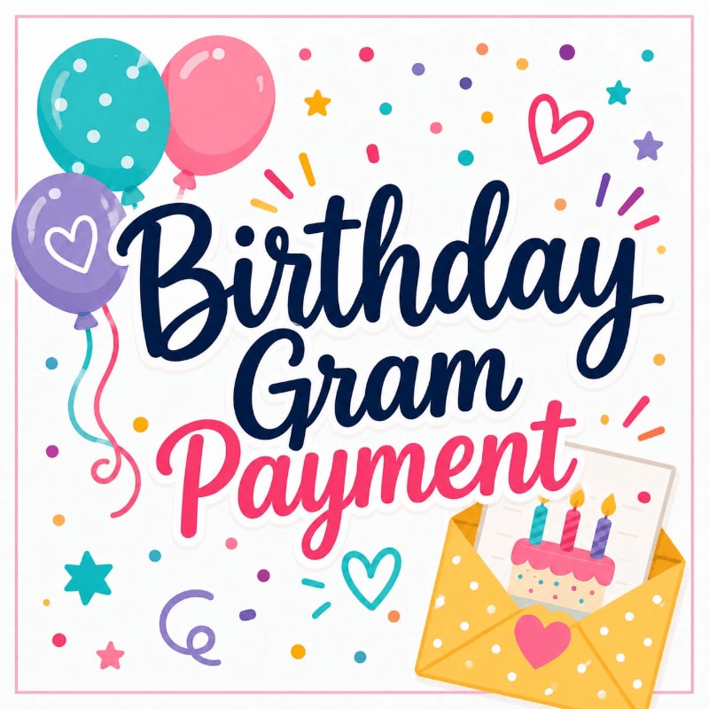 Colorful balloons and confetti surround the text "Birthday Gram Payment" in the foreground, with a birthday cake peeking out of an envelope in the background.