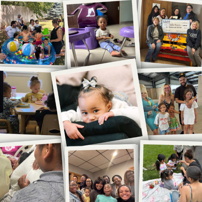 A collage of photos features children playing in a kiddie pool in the foreground and a group of people posing for a photo in the background.