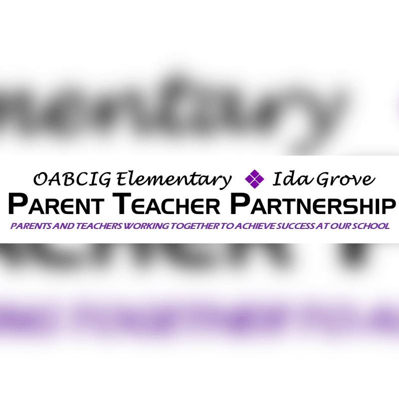 A blurred background of the word "elementary" frames a central banner announcing "OABCIG Elementary Ida Grove PARENT TEACHER PARTNERSHIP" with the tagline "PARENTS AND TEACHERS WORKING TOGETHER TO ACHIEVE SUCCESS AT OUR SCHOOL."