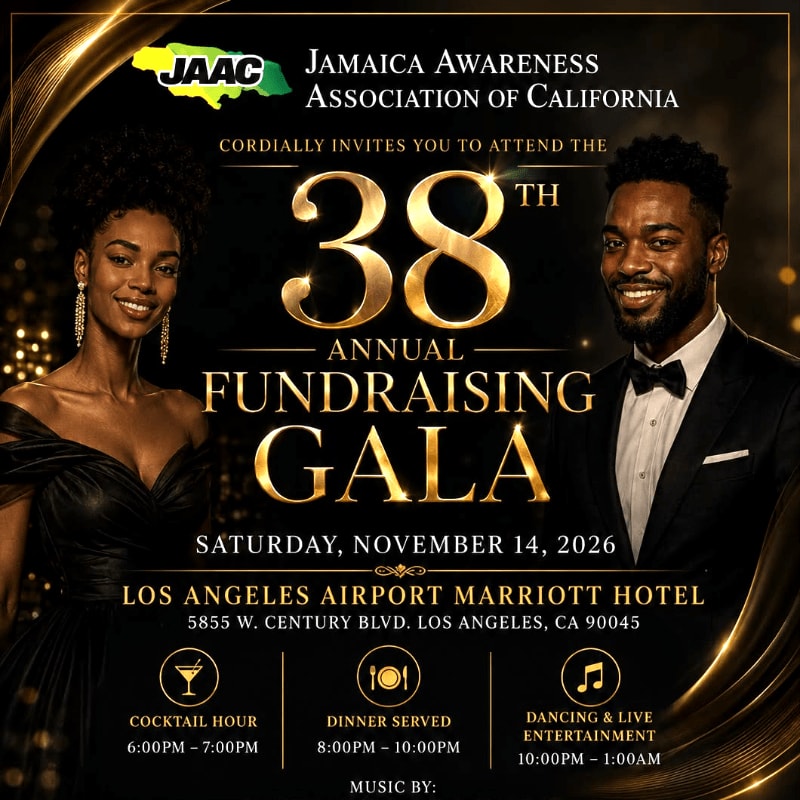 A smiling couple in formal attire is featured in the foreground of a poster for the Jamaica Awareness Association of California's 38th Annual Fundraising Gala, set against a dark, elegant background with golden accents.