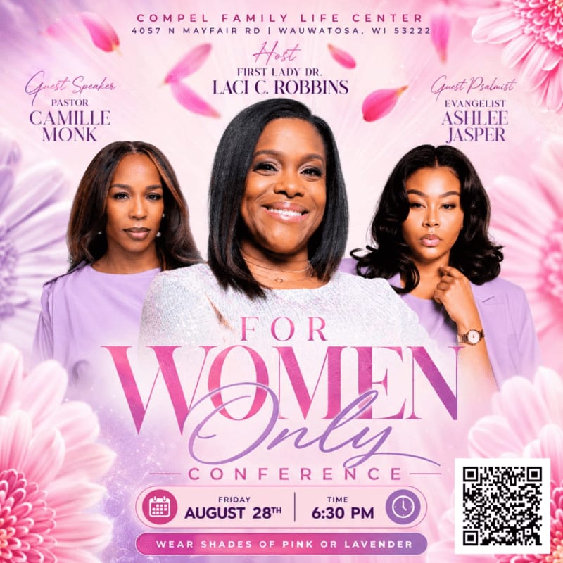 Three women are featured in the foreground against a background of pink and purple flowers and text announcing a "For Women Only Conference."