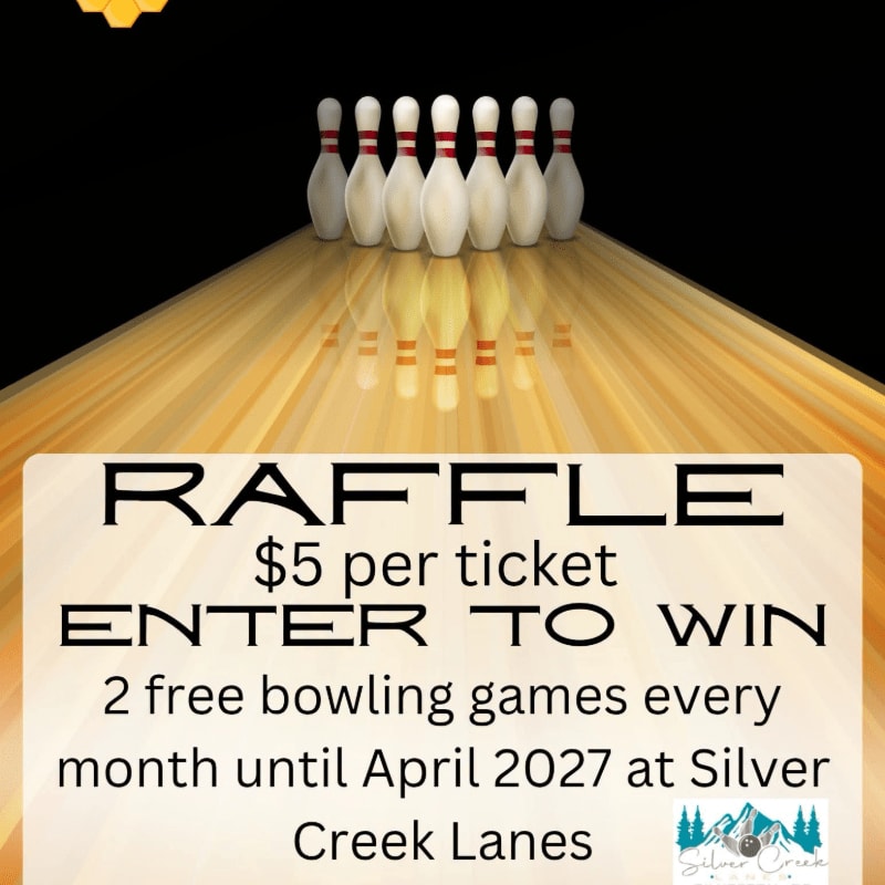 A bowling alley raffle is advertised with a bowling lane and pins in the background and prize details in the foreground.