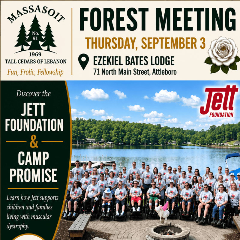 A group of people in wheelchairs and standing pose for a photo in front of a lake, with event details for a "Forest Meeting" and information about the Jett Foundation and Camp Promise in the upper and left sections.