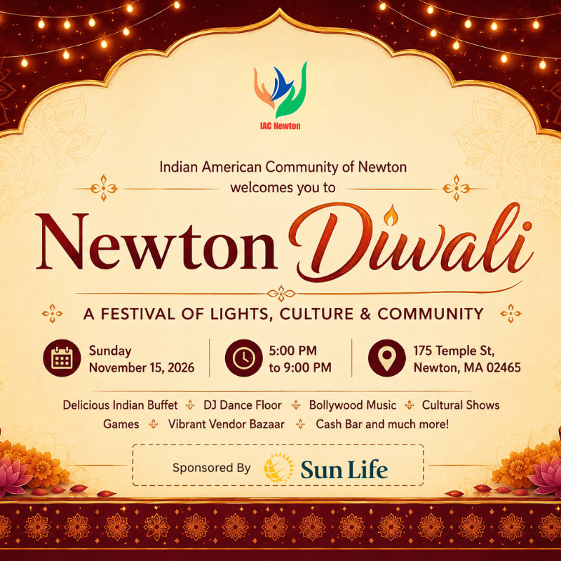 A festive invitation for Newton Diwali features decorative lights and floral motifs in the background, with event details like date, time, and location clearly presented in the foreground.