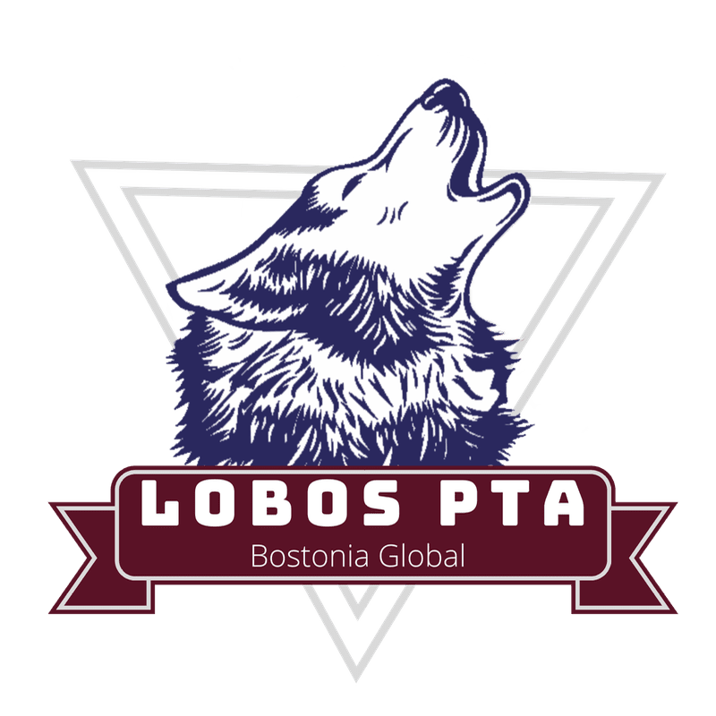 A stylized wolf head howls above a maroon banner with "LOBOS PTA" and "Bostonia Global" in white text, all set against a white background with faint grey triangle outlines.