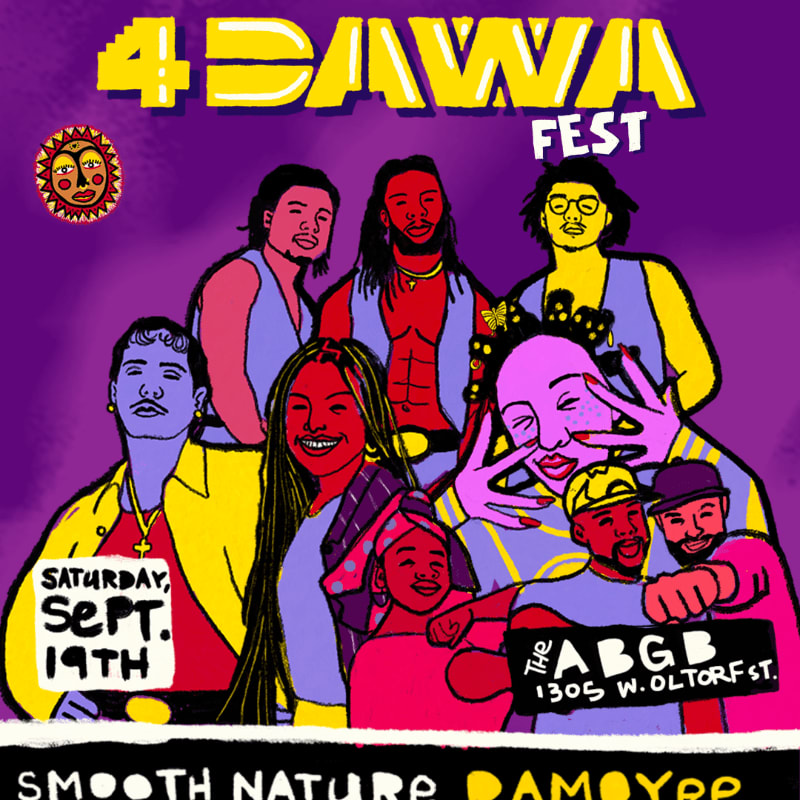 A vibrant poster for "4BAWA FEST" features a diverse group of people in the foreground against a purple background with event details.