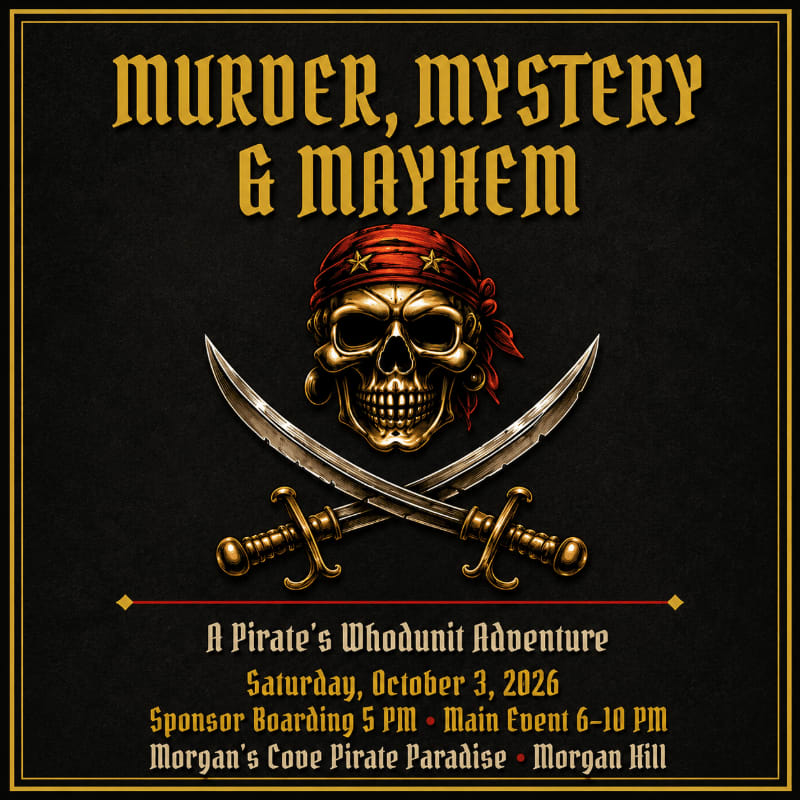 A pirate skull and crossed swords are in the foreground, with event details for "Murder, Mystery & Mayhem" in the background.