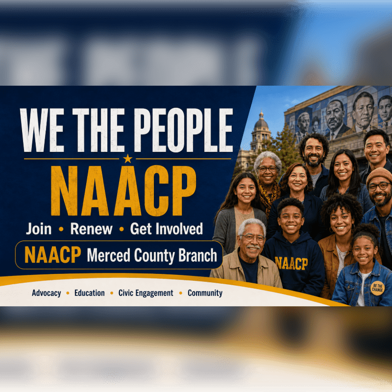 A diverse group of people stands in front of a mural of historical figures, with the NAACP Merced County Branch logo prominently displayed.