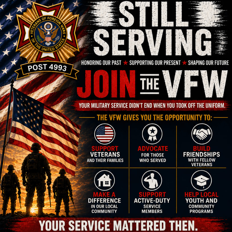 Silhouetted soldiers stand before a large American flag and VFW logo, with text promoting joining the VFW in the background.