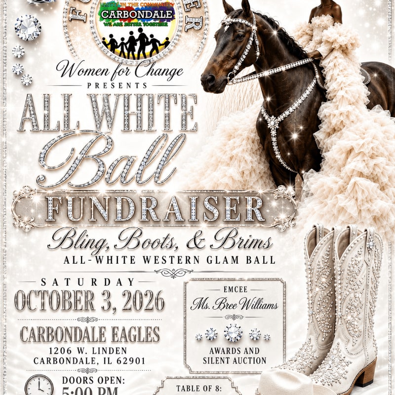 A dark horse adorned with jewels and a woman in a voluminous white gown are featured in the background, while ornate white cowboy boots and event details fill the foreground.