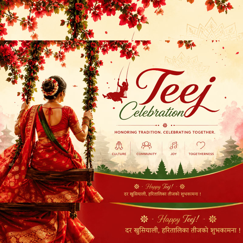 A woman in a red sari swings on a wooden swing adorned with red flowers, while the background features traditional Indian architecture and text celebrating Teej.