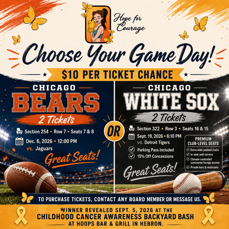 A football and baseball sit in the foreground with a graphic advertising a "Choose Your Game Day!" raffle for Chicago Bears and White Sox tickets in the background.