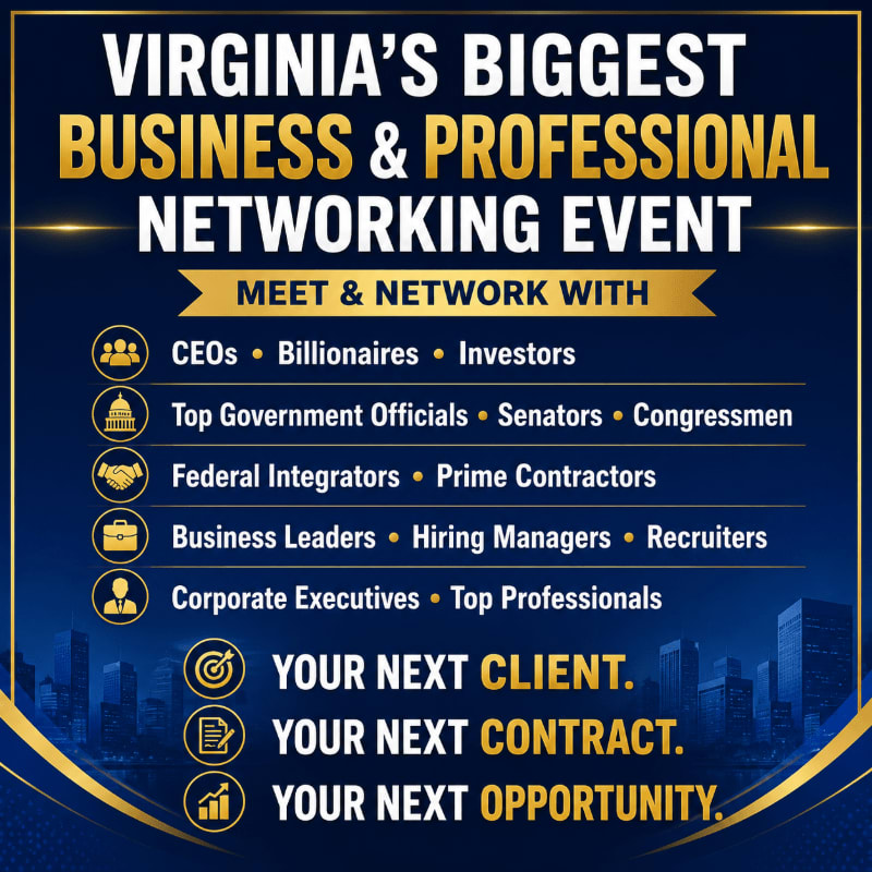 A dark blue background with a city skyline in the distance features bold white and gold text promoting Virginia's biggest business and professional networking event, with a list of potential attendees and benefits in the foreground.
