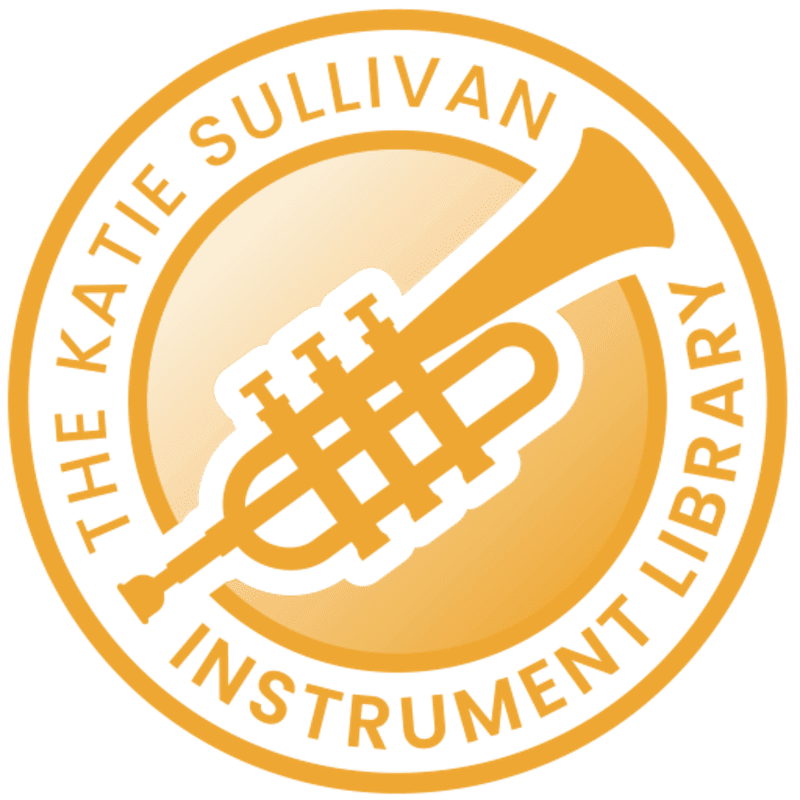 An orange trumpet is centered on a lighter orange circle with the words "THE KATIE SULLIVAN INSTRUMENT LIBRARY" in a darker orange circle around it.