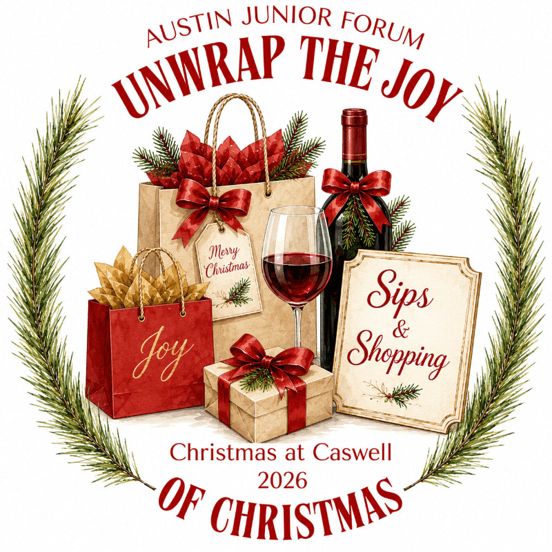 Festive Christmas gifts, a glass of wine, and a "Sips & Shopping" sign are arranged in the foreground, framed by evergreen branches against a white background with event details.