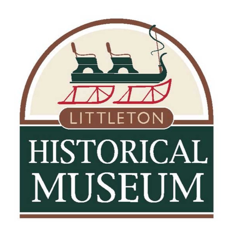 A vintage sleigh with two seats is depicted in the foreground, set against a background of the words "LITTLETON HISTORICAL MUSEUM" within a dark green banner.