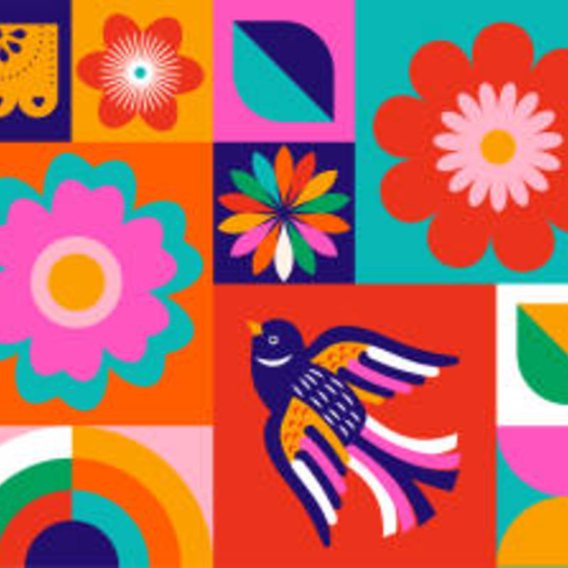 A vibrant mosaic of colorful floral patterns and a stylized bird fills the frame against a geometric background.