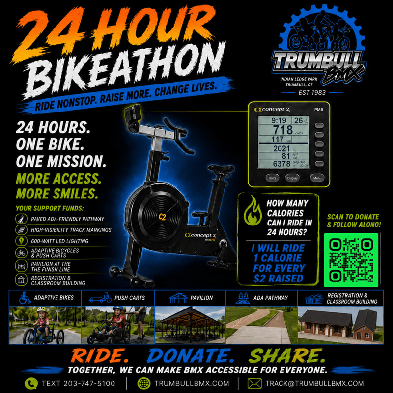 A stationary bike and digital display are in the foreground, with a colorful poster advertising a 24-hour bike-a-thon and various images of accessible BMX facilities in the background.