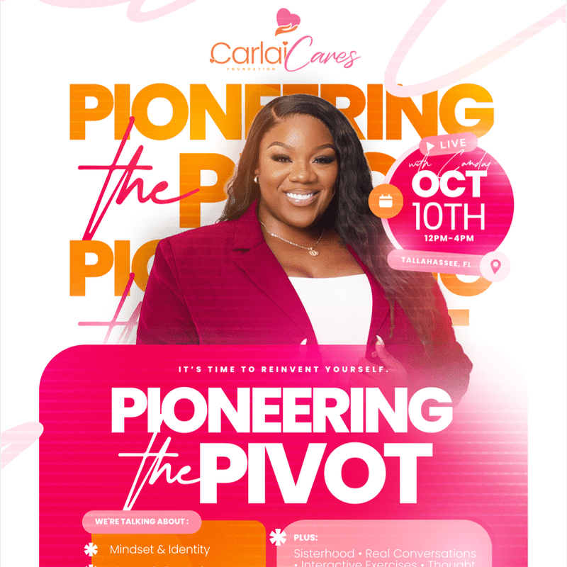 A woman in a pink blazer smiles in the foreground, with event details for "Pioneering the Pivot" on a bright pink and white background.