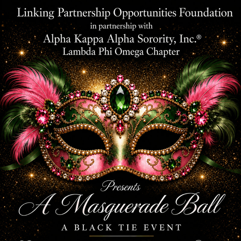 A bejeweled pink and green masquerade mask with feathers adorns the foreground, set against a dark, sparkling background with event details at the top and bottom.