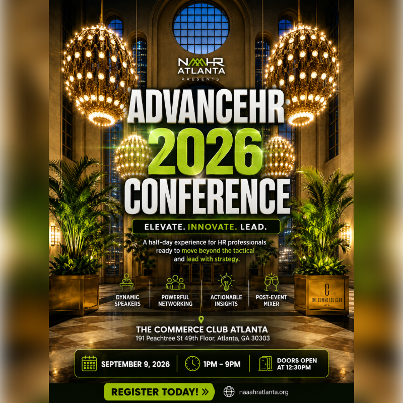 A vibrant poster for the ADVANCEHR 2026 Conference is set against a backdrop of an opulent ballroom with ornate chandeliers and lush potted plants.
