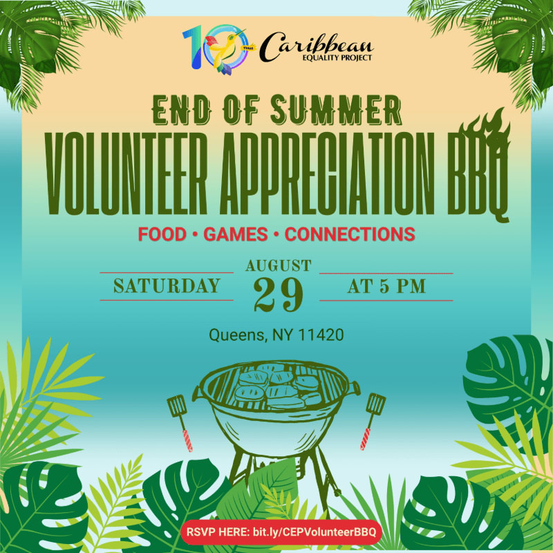 A vibrant flyer announces an "End of Summer Volunteer Appreciation BBQ" with tropical foliage framing the event details and a grill in the foreground.