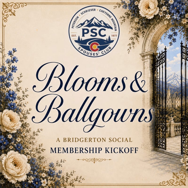 Floral arrangements frame the text "Blooms & Ballgowns" in the foreground, while an ornate gate opens to a castle and mountain landscape in the background.