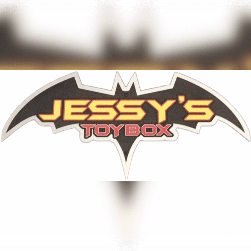 A bat-shaped logo with "JESSY'S TOYBOX" in yellow and red lettering is centered against a blurred, light-colored background.
