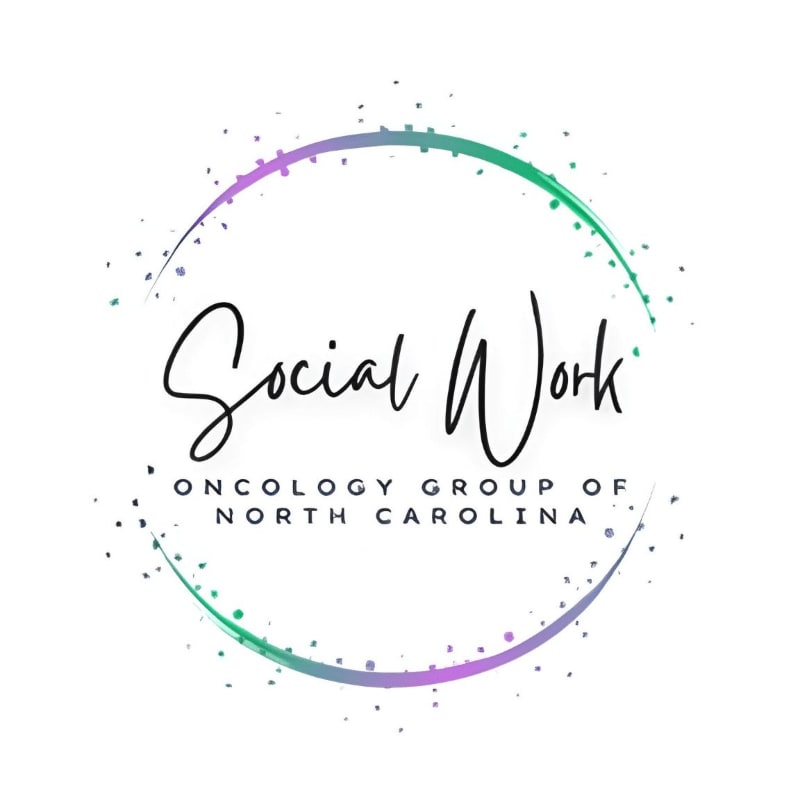 A circular logo with the words "Social Work" in script and "ONCOLOGY GROUP OF NORTH CAROLINA" in block letters is surrounded by a gradient of purple and green confetti.