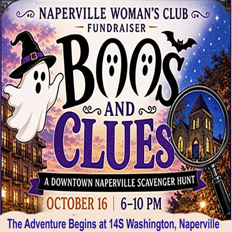 A cartoon ghost in a witch hat floats in the foreground next to the "Boos and Clues" event title, with a spooky, dimly lit building and trees visible in the background.