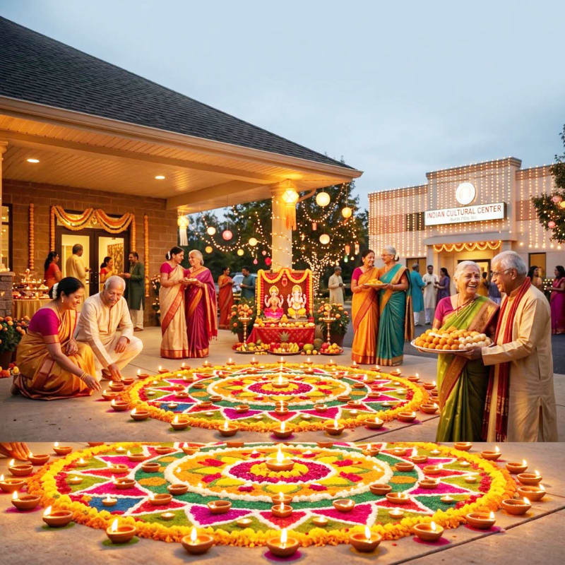 Elderly people in traditional Indian attire light diyas around colorful rangoli patterns in front of a building adorned with festive lights.