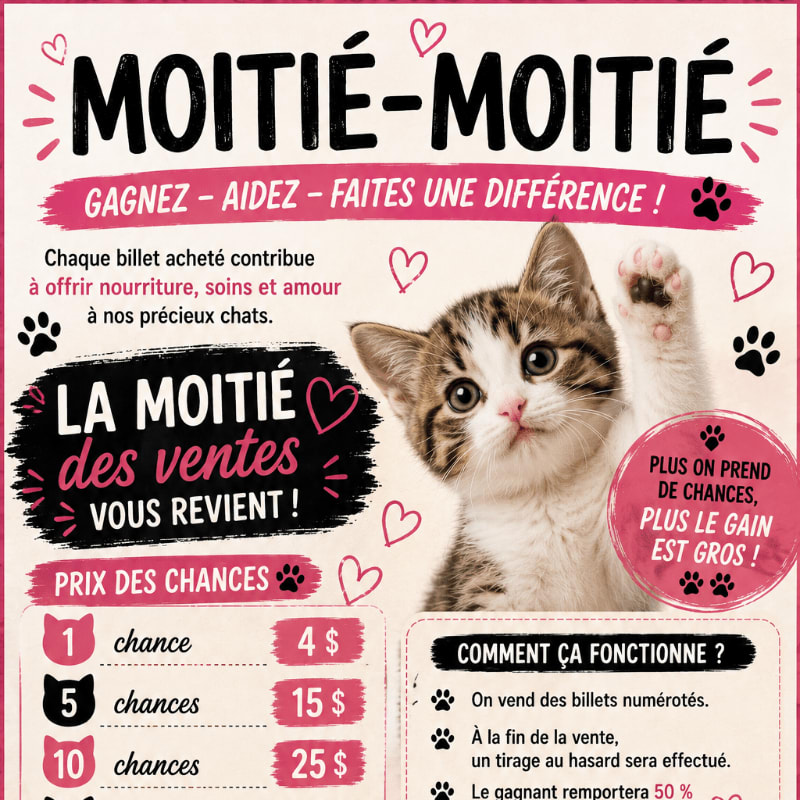 A cute kitten with its paw raised is featured in the foreground of a pink poster advertising a "half-and-half" raffle to benefit cats, with details on pricing and how it works in the background.