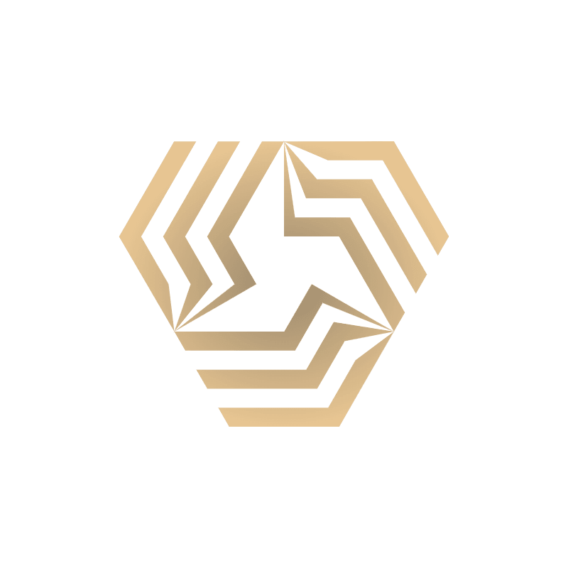 A golden hexagonal logo with a star-like shape in the center is set against a plain white background.