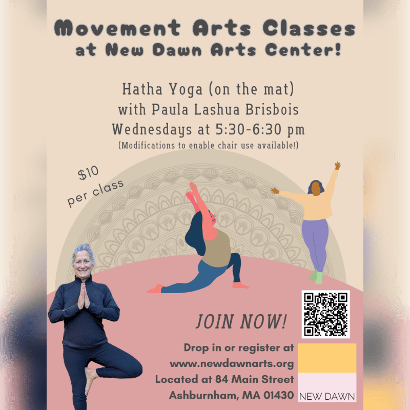 In the foreground, three women are depicted in yoga poses, while the background features text announcing "Movement Arts Classes at New Dawn Arts Center!"