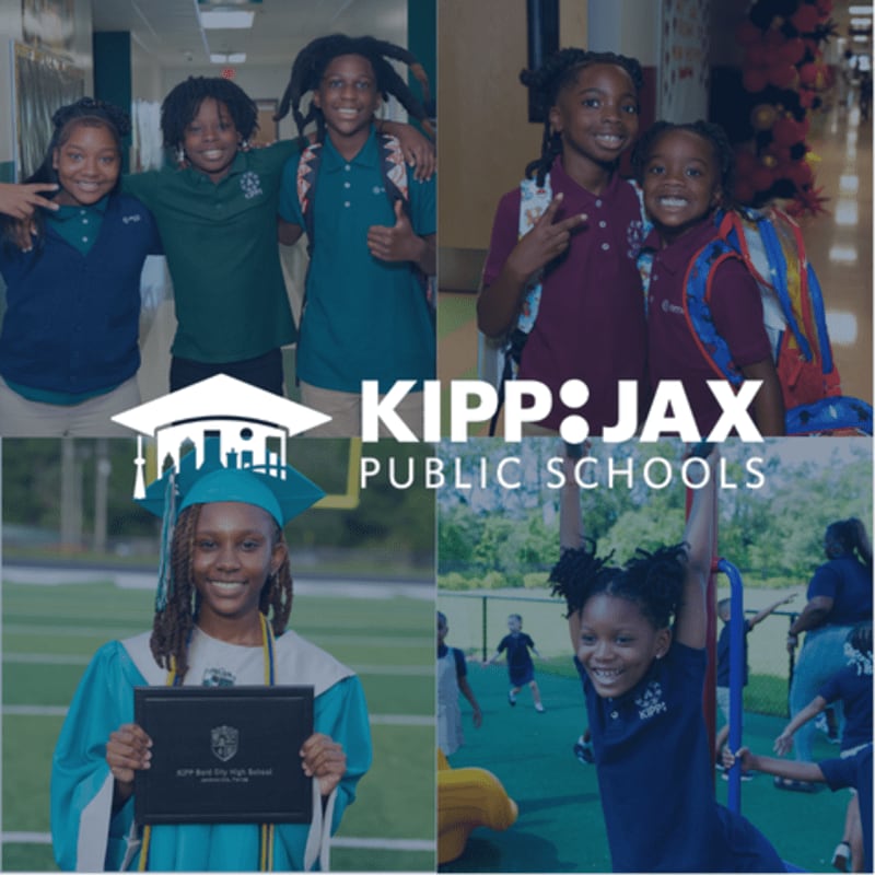 Four collages of KIPP: Jax Public Schools students in hallways, on a football field, and on a playground are overlaid with the school's logo and name.