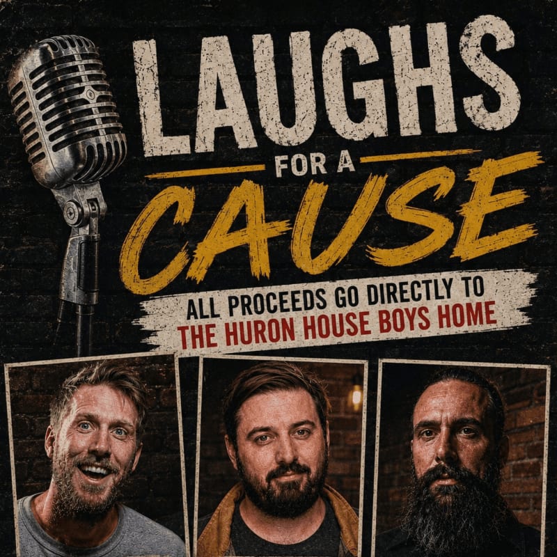 Three smiling men are featured in the foreground below a vintage microphone and the text "LAUGHS FOR A CAUSE" with a brick wall background.