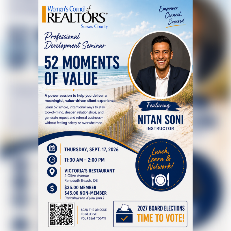 A beach scene with a sandy path and ocean in the background frames a flyer for a professional development seminar featuring Nitan Soni.