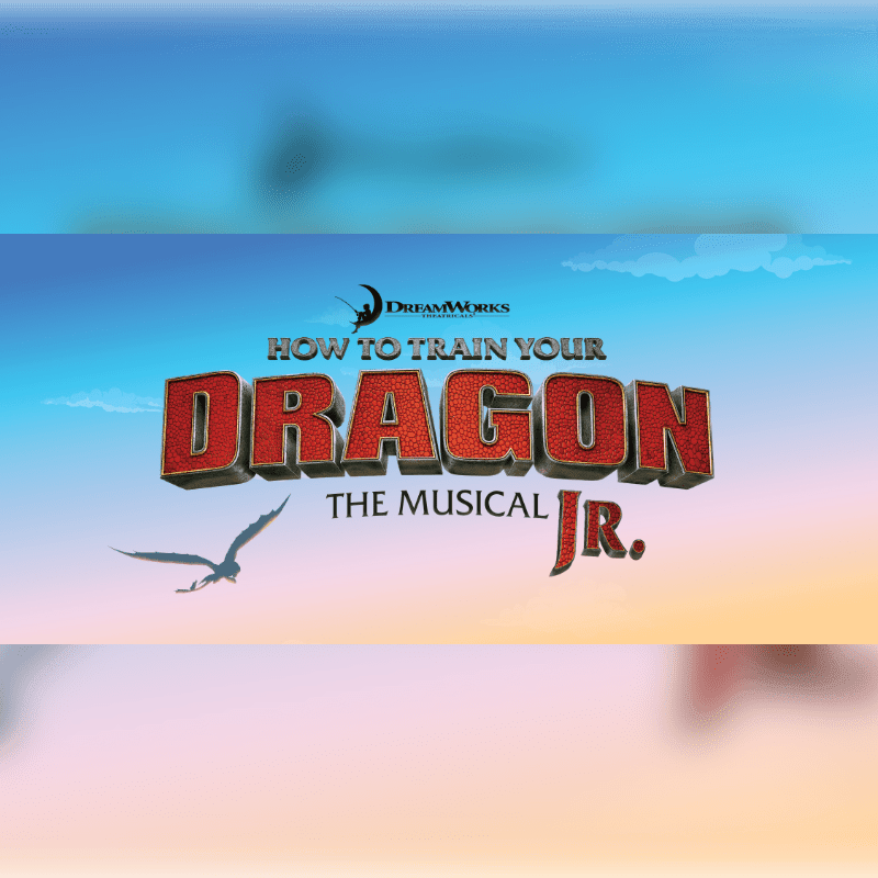 A silhouette of a dragon soars across a pastel sky behind the bold, 3D title "How to Train Your Dragon: The Musical Jr."