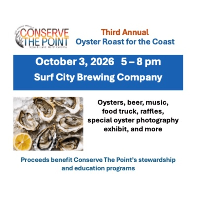 A sandy peninsula juts into the water under a warm sunset, with event details for the Third Annual Oyster Roast for the Point overlaid above.