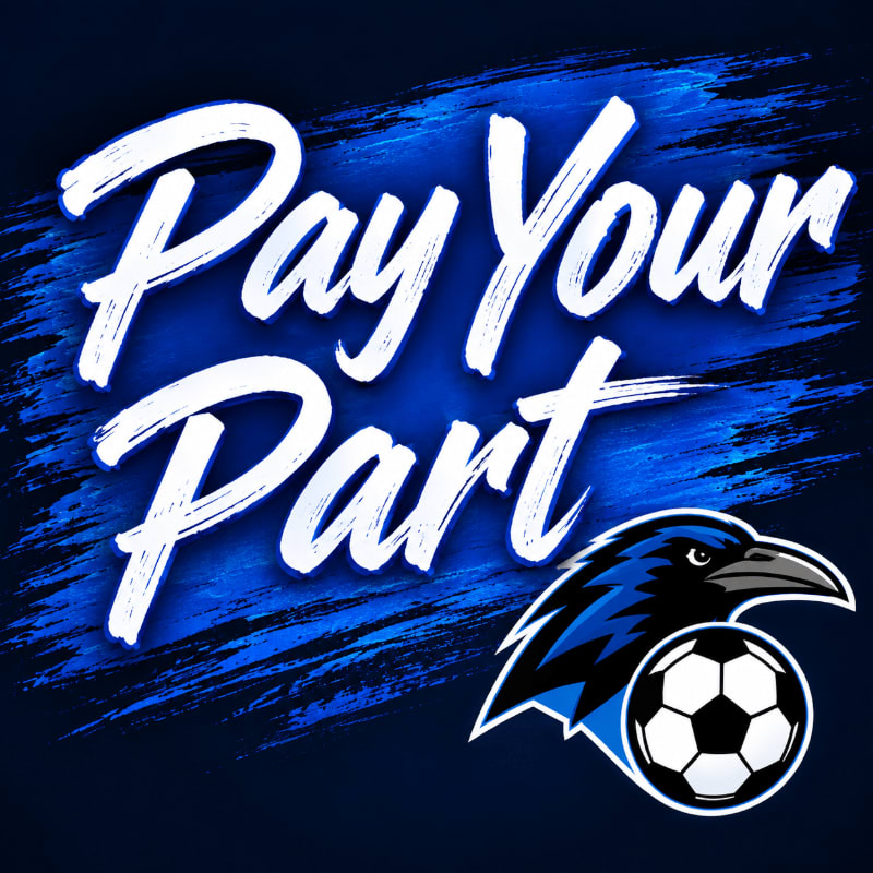 White script text "Pay Your Part" is overlaid on a blue, brushstroke background, with a raven mascot holding a soccer ball in the lower right corner.