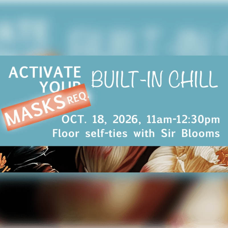 In the foreground, a close-up of tulips is visible, while the background features text announcing an event with a "masks req." notice.