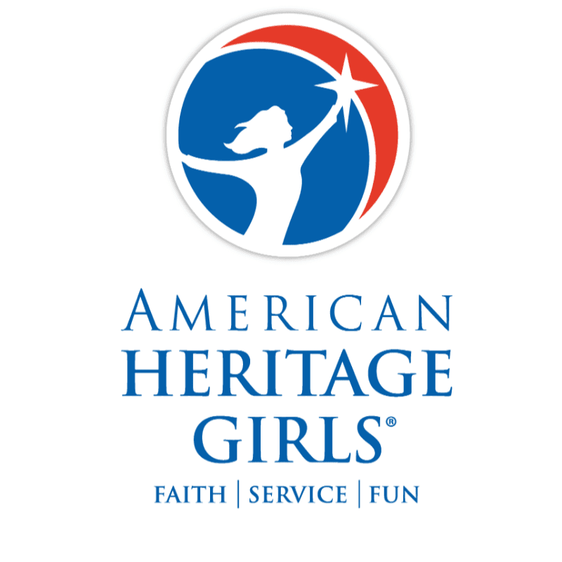 A white silhouette of a girl reaching for a star is centered within a blue circle with red and white accents, above the words "AMERICAN HERITAGE GIRLS" and "FAITH | SERVICE | FUN" on a white background.